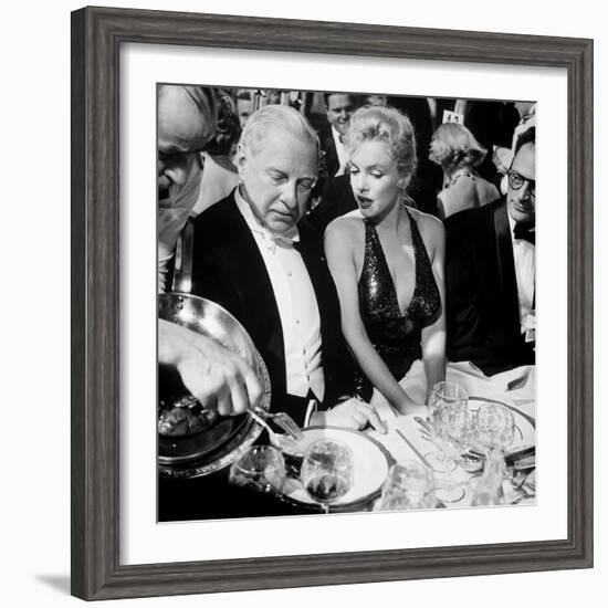 Ambassador Winthrop Aldrich, Ex Envoy to Britain Chatting with Actress Marilyn Monroe-Peter Stackpole-Framed Premium Photographic Print