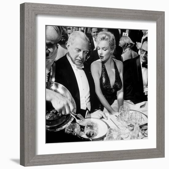 Ambassador Winthrop Aldrich, Ex Envoy to Britain Chatting with Actress Marilyn Monroe-Peter Stackpole-Framed Premium Photographic Print