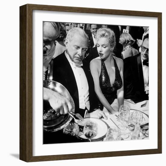 Ambassador Winthrop Aldrich, Ex Envoy to Britain Chatting with Actress Marilyn Monroe-Peter Stackpole-Framed Premium Photographic Print