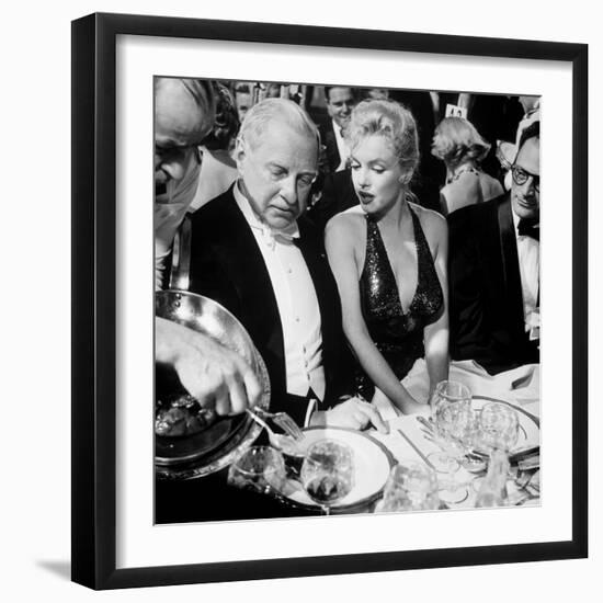 Ambassador Winthrop Aldrich, Ex Envoy to Britain Chatting with Actress Marilyn Monroe-Peter Stackpole-Framed Premium Photographic Print