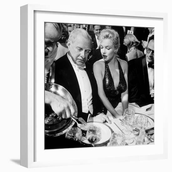 Ambassador Winthrop Aldrich, Ex Envoy to Britain Chatting with Actress Marilyn Monroe-Peter Stackpole-Framed Premium Photographic Print