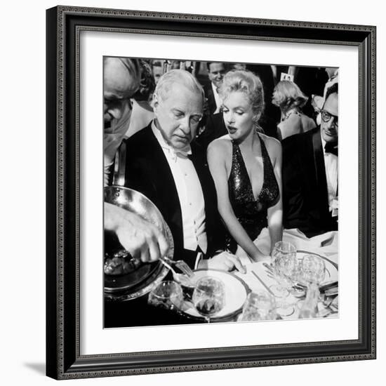 Ambassador Winthrop Aldrich, Ex Envoy to Britain Chatting with Actress Marilyn Monroe-Peter Stackpole-Framed Premium Photographic Print