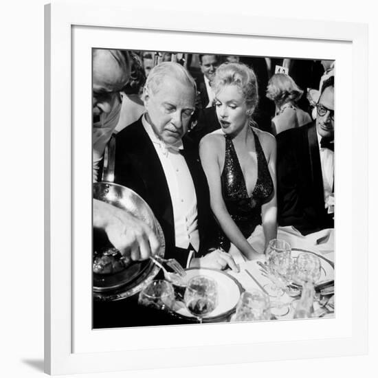 Ambassador Winthrop Aldrich, Ex Envoy to Britain Chatting with Actress Marilyn Monroe-Peter Stackpole-Framed Premium Photographic Print