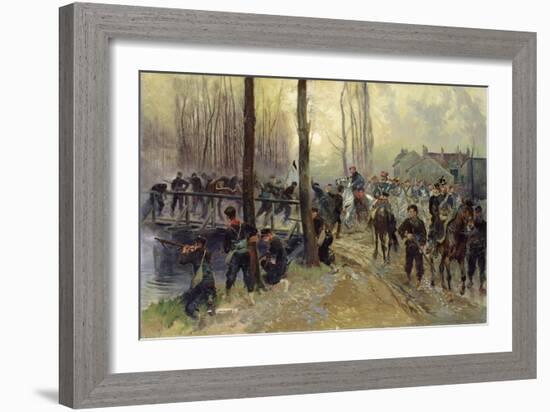 Ambush near a Bridge Defended by Troops, Early Morning, 1870 (Oil on Canvas)-Jean-Baptiste Edouard Detaille-Framed Giclee Print