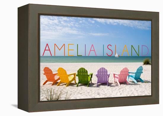 Amelia Island, Florida - Colorful Beach Chairs-Lantern Press-Framed Stretched Canvas
