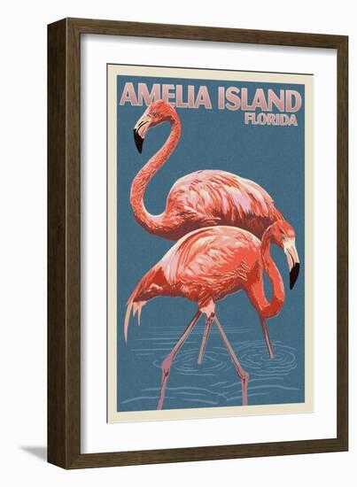 Amelia Island, Florida - Flamingo - Letterpress-Lantern Press-Framed Art Print