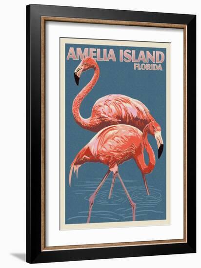 Amelia Island, Florida - Flamingo - Letterpress-Lantern Press-Framed Art Print