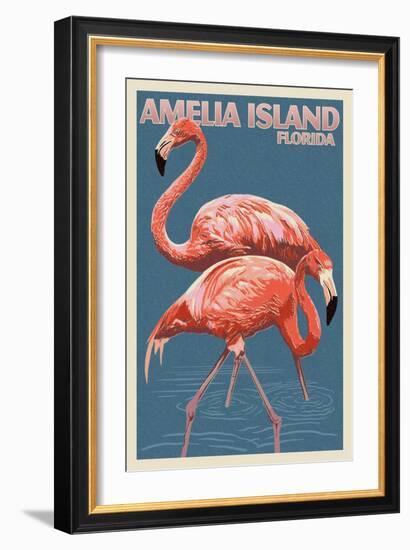 Amelia Island, Florida - Flamingo - Letterpress-Lantern Press-Framed Art Print