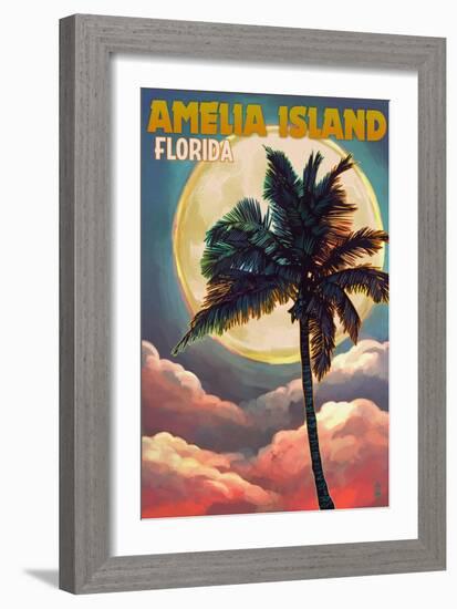 Amelia Island, Florida - Palm and Moon-Lantern Press-Framed Art Print