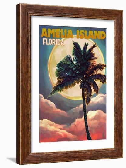 Amelia Island, Florida - Palm and Moon-Lantern Press-Framed Art Print