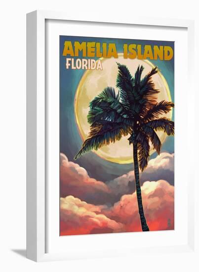 Amelia Island, Florida - Palm and Moon-Lantern Press-Framed Art Print