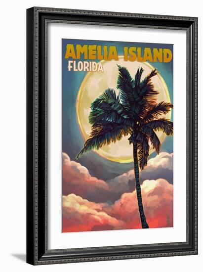 Amelia Island, Florida - Palm and Moon-Lantern Press-Framed Art Print