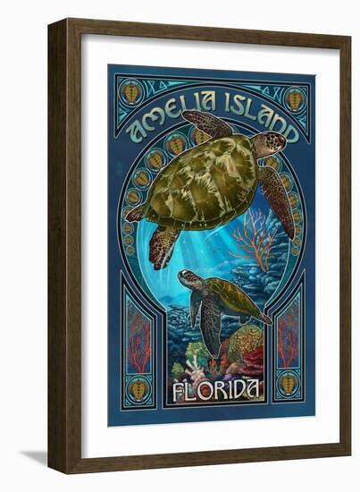 Amelia Island, Florida - Sea Turtle Art Nouveau-Lantern Press-Framed Art Print