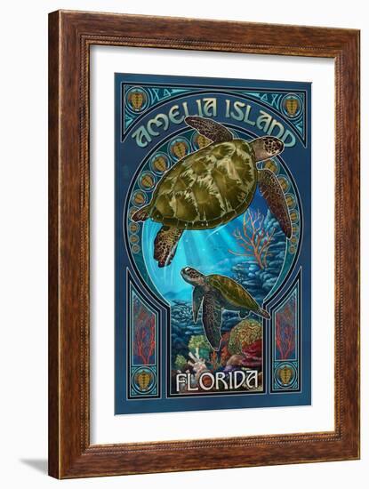 Amelia Island, Florida - Sea Turtle Art Nouveau-Lantern Press-Framed Art Print