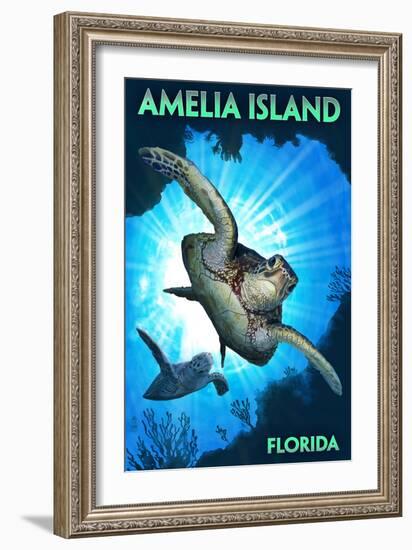 Amelia Island, Florida - Sea Turtle Diving-Lantern Press-Framed Art Print