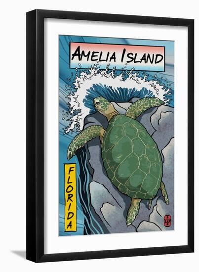 Amelia Island, Florida - Sea Turtle - Woodblock Print-Lantern Press-Framed Art Print