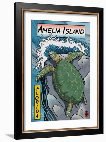 Amelia Island, Florida - Sea Turtle - Woodblock Print-Lantern Press-Framed Art Print