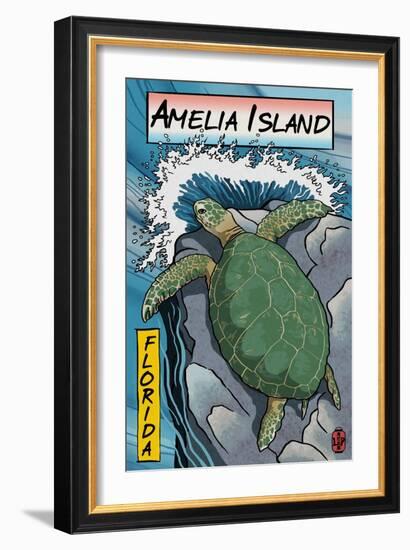 Amelia Island, Florida - Sea Turtle - Woodblock Print-Lantern Press-Framed Art Print