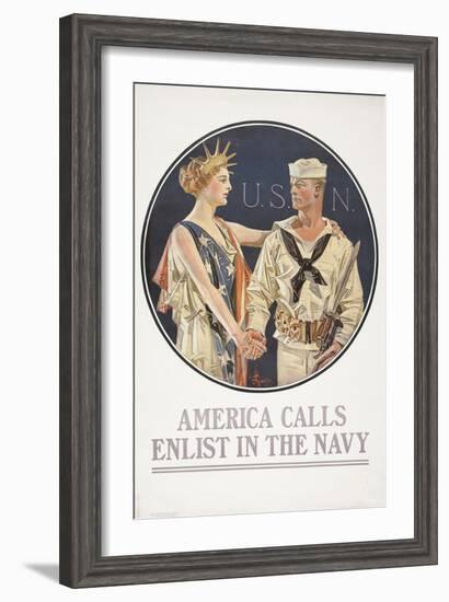 "America Calls, Enlist in the Navy" Poster, 1917-Joseph Christian Leyendecker-Framed Giclee Print