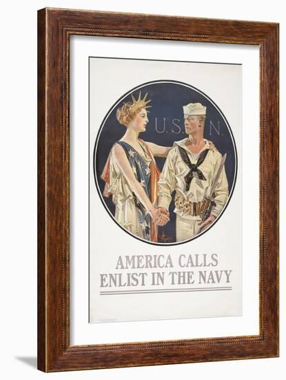 "America Calls, Enlist in the Navy" Poster, 1917-Joseph Christian Leyendecker-Framed Giclee Print