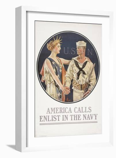 "America Calls, Enlist in the Navy" Poster, 1917-Joseph Christian Leyendecker-Framed Giclee Print