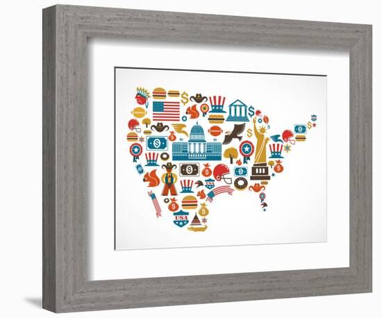 America Map With Many Icons-Marish-Framed Art Print