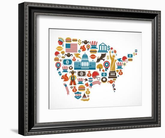 America Map With Many Icons-Marish-Framed Art Print