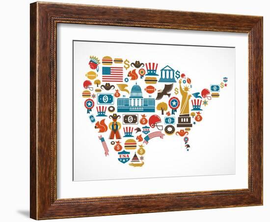 America Map With Many Icons-Marish-Framed Art Print