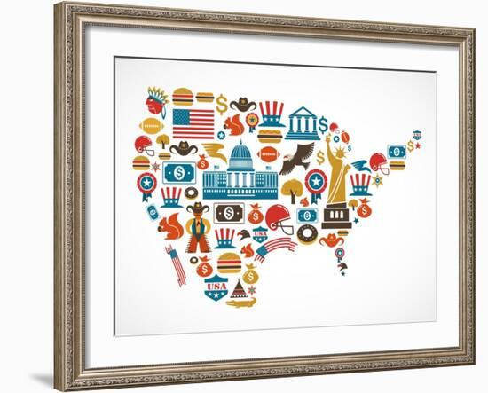 America Map With Many Icons-Marish-Framed Art Print