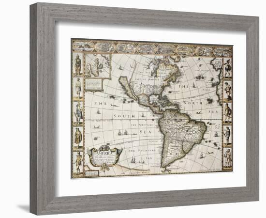 America Old Map With Greenland Insert Map. Created By John Speed. Published In London, 1627-marzolino-Framed Art Print