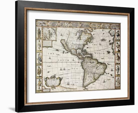 America Old Map With Greenland Insert Map. Created By John Speed. Published In London, 1627-marzolino-Framed Art Print