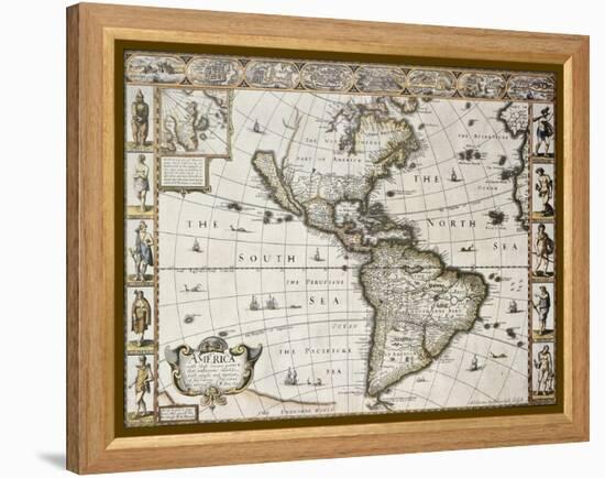 America Old Map With Greenland Insert Map. Created By John Speed. Published In London, 1627-marzolino-Framed Stretched Canvas