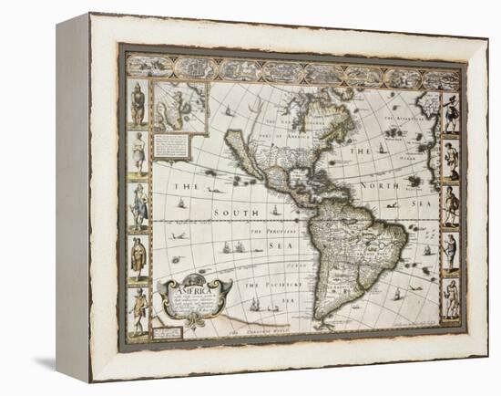 America Old Map With Greenland Insert Map. Created By John Speed. Published In London, 1627-marzolino-Framed Stretched Canvas