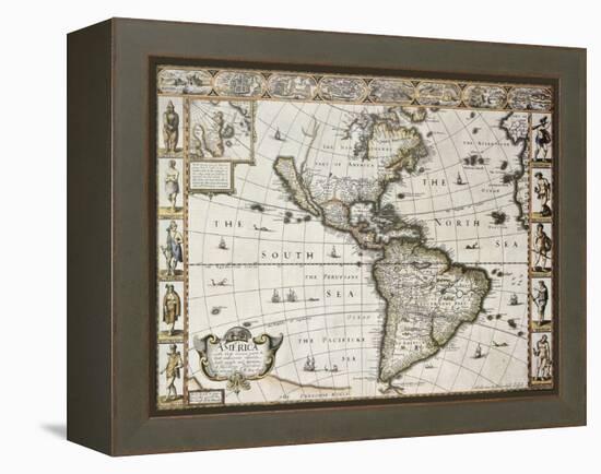 America Old Map With Greenland Insert Map. Created By John Speed. Published In London, 1627-marzolino-Framed Stretched Canvas