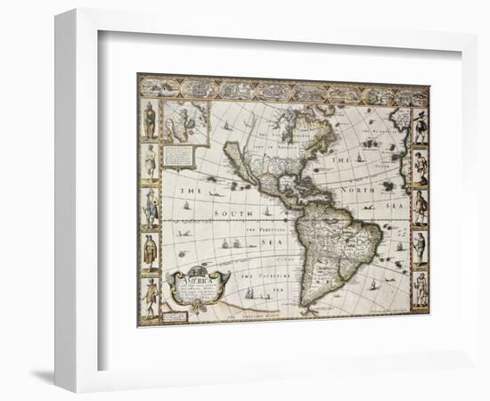 America Old Map With Greenland Insert Map. Created By John Speed. Published In London, 1627-marzolino-Framed Art Print
