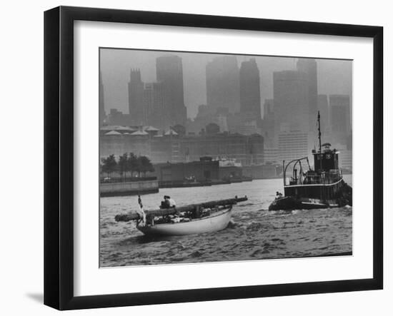 America's Cup Contender Sceptre Being Towed Up the East River-null-Framed Photographic Print