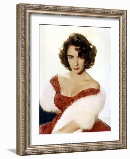 American Actress Elizabeth Taylor with a Red Dress and a Fur Stole C. 1959-null-Framed Photo