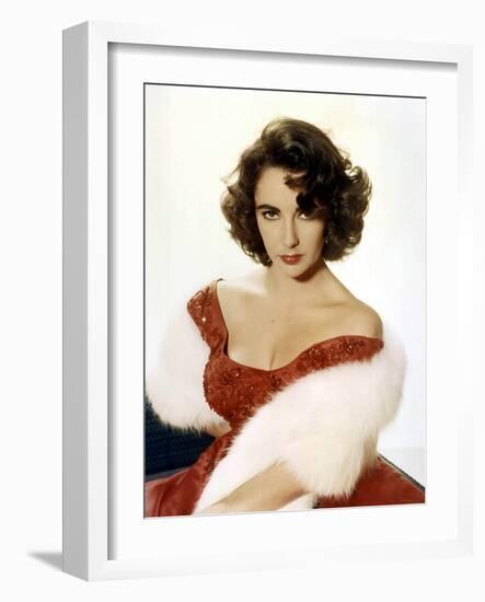 American Actress Elizabeth Taylor with a Red Dress and a Fur Stole C. 1959-null-Framed Photo