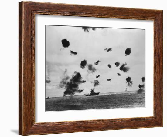 American Aircraft Carrier USS Yorktown Hit by a Japanese Bomb in the Battle of Midway-null-Framed Photo