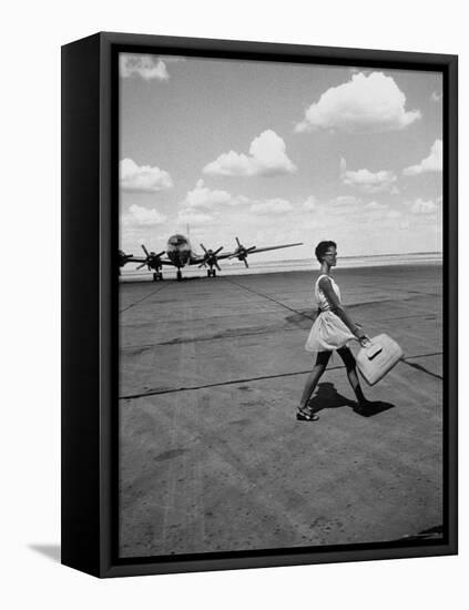 American Airline Hostess Crossing Field on Way to Jobs as a Model and Sales Clerk at Neiman Marcus-Lisa Larsen-Framed Premier Image Canvas