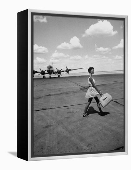 American Airline Hostess Crossing Field on Way to Jobs as a Model and Sales Clerk at Neiman Marcus-Lisa Larsen-Framed Premier Image Canvas
