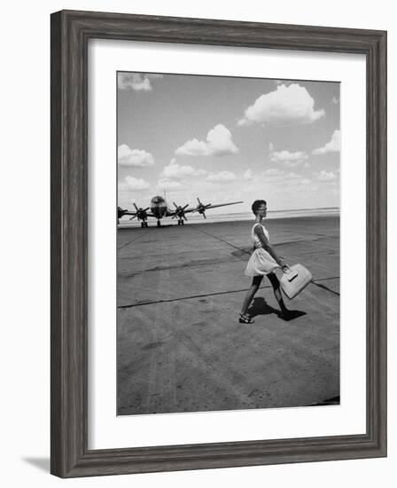 American Airline Hostess Crossing Field on Way to Jobs as a Model and Sales Clerk at Neiman Marcus-Lisa Larsen-Framed Photographic Print