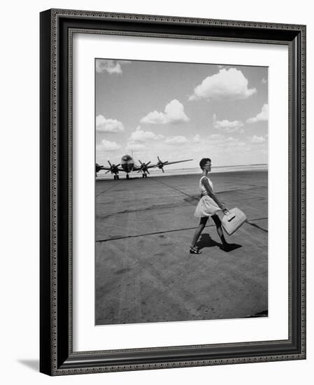 American Airline Hostess Crossing Field on Way to Jobs as a Model and Sales Clerk at Neiman Marcus-Lisa Larsen-Framed Photographic Print