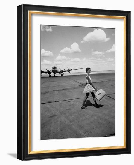 American Airline Hostess Crossing Field on Way to Jobs as a Model and Sales Clerk at Neiman Marcus-Lisa Larsen-Framed Photographic Print