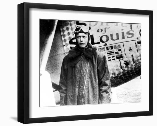 American Aviator Charles Lindbergh Standing Beside His Plane "Spirit of Saint Louis"-null-Framed Premium Photographic Print