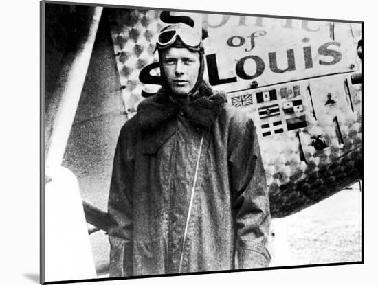 American Aviator Charles Lindbergh Standing Beside His Plane "Spirit of Saint Louis"-null-Mounted Premium Photographic Print