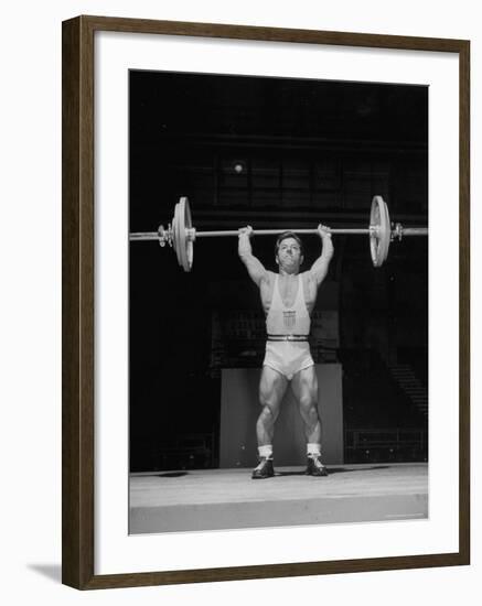 American Bantamweight Joseph Depietro Competing in Weightlifting Event at Summer Olympics-Mark Kauffman-Framed Premium Photographic Print