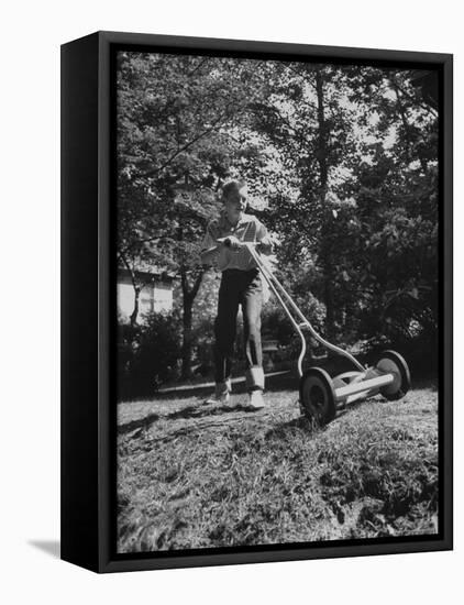 American Boy Mows Lawns to Earn Extra Money During Summer Months, He Gets Jobs Thru Newspaper Ads-Walter Sanders-Framed Premier Image Canvas