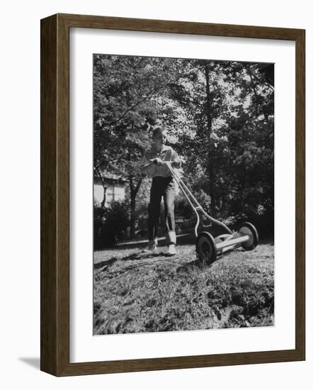 American Boy Mows Lawns to Earn Extra Money During Summer Months, He Gets Jobs Thru Newspaper Ads-Walter Sanders-Framed Photographic Print