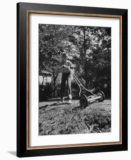 American Boy Mows Lawns to Earn Extra Money During Summer Months, He Gets Jobs Thru Newspaper Ads-Walter Sanders-Framed Photographic Print